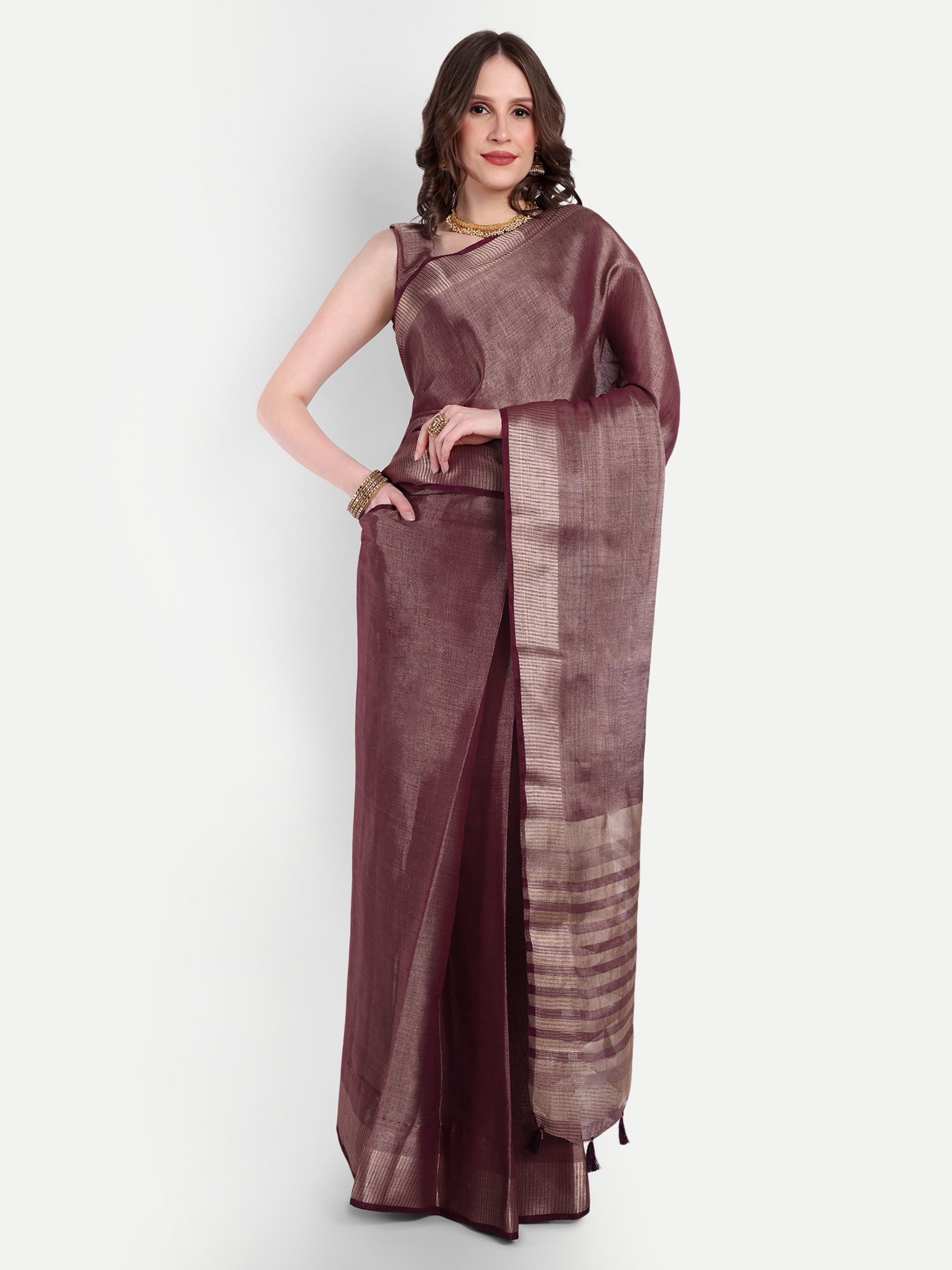 Wineberry Linen Tissue Silk Ready To Wear Pocket Saree