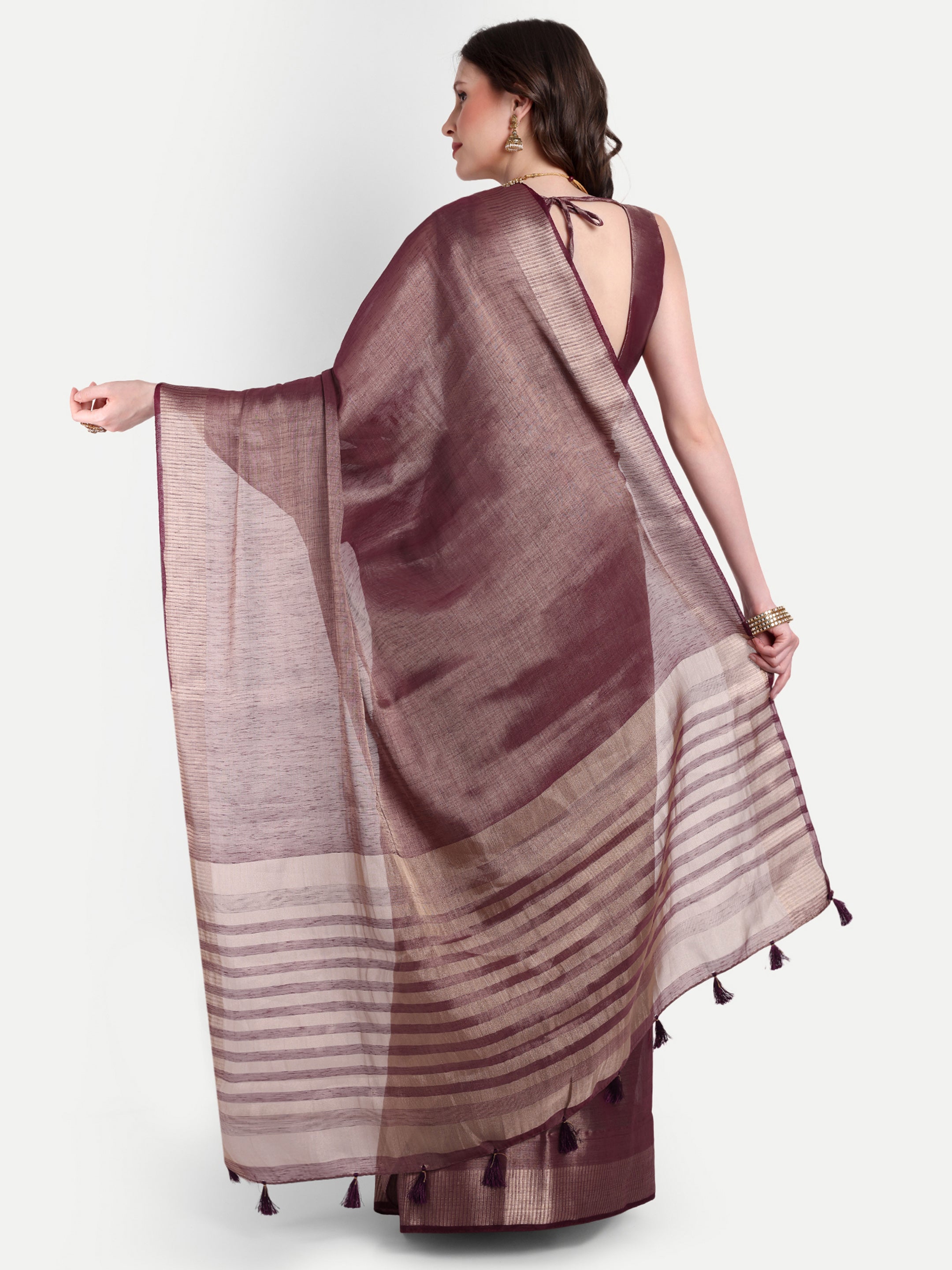 Wineberry Linen Tissue Silk Ready To Wear Pocket Saree