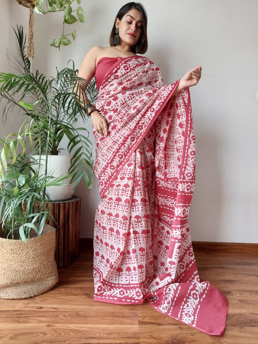 Pink Umbrella Mul Cotton Hand Block Printed Saree - Aseem Shakti