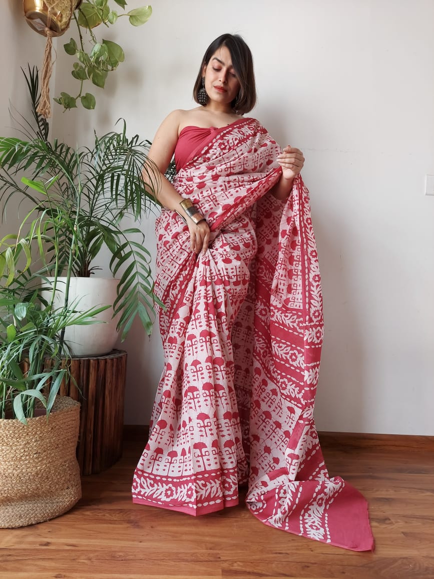 Pink Umbrella Mul Cotton Hand Block Printed Saree - Aseem Shakti